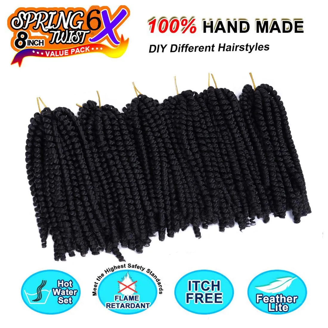 6 Packs Spring Twist Crochet Hair 8inch Spring Twists Bomb Twist Hair Synthetic Fiber Fluffy Twist Crochet Braids Low Temperature Spring Twist Braiding Hair for Women Hair Extension(8inch,2) 2#