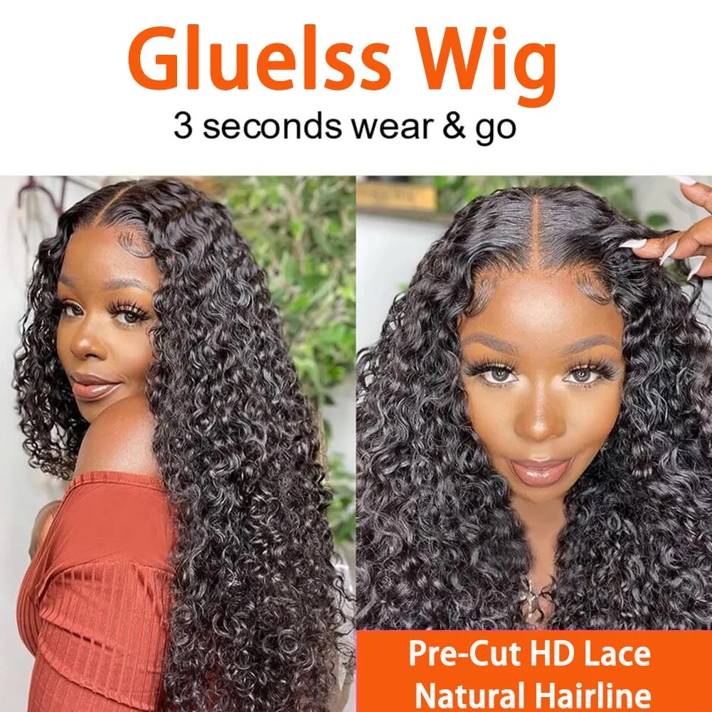 6x4 Wear And Go Glueless Wig Pre Cut HD Lace Deep Wave Human Hair Wig Pre Plucked For Beginners 180 Density Deep Curly Lace Front Wig Human Hair 3 Second To Wear Curly Wig 22 Inch