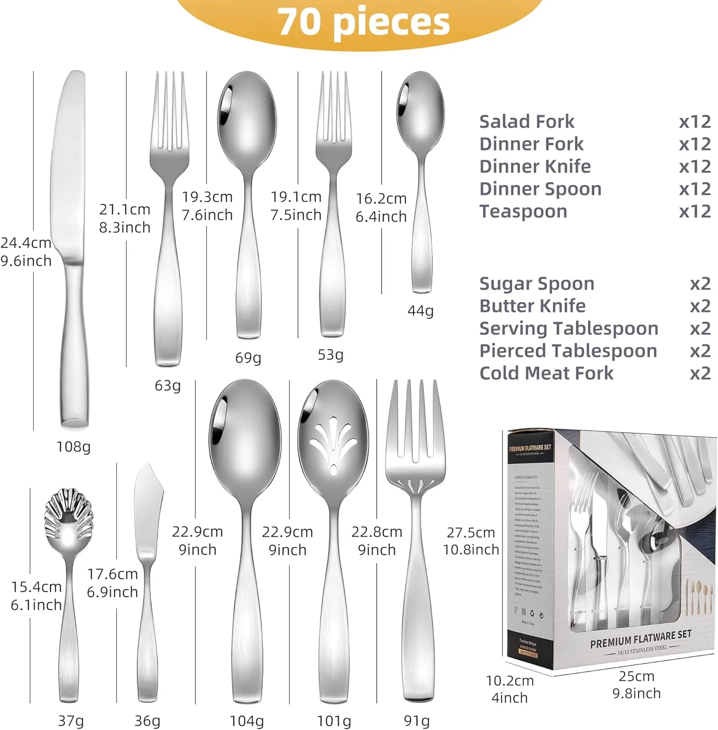70-Piece 18/10 Stainless Steel Flatware Set for 12 with 2 Sets of Serving Utensil, Heavy Duty Silverware Set, High End Flatware, Dishwasher Safe, Ideal for Gift