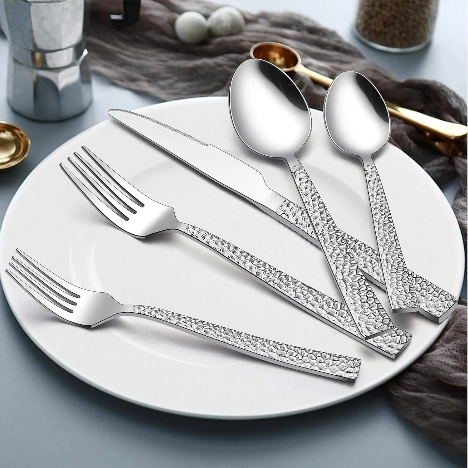 72-Piece Hammered Silverware Set with Extra Forks, LIANYU Stainless Steel Flatware Cutlery Set for 12, Fancy Square Eating Utensils Tableware, Dishwasher Safe