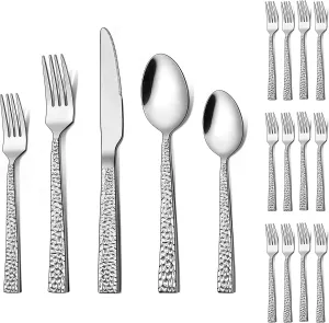 72-Piece Hammered Silverware Set with Extra Forks, LIANYU Stainless Steel Flatware Cutlery Set for 12, Fancy Square Eating Utensils Tableware, Dishwasher Safe