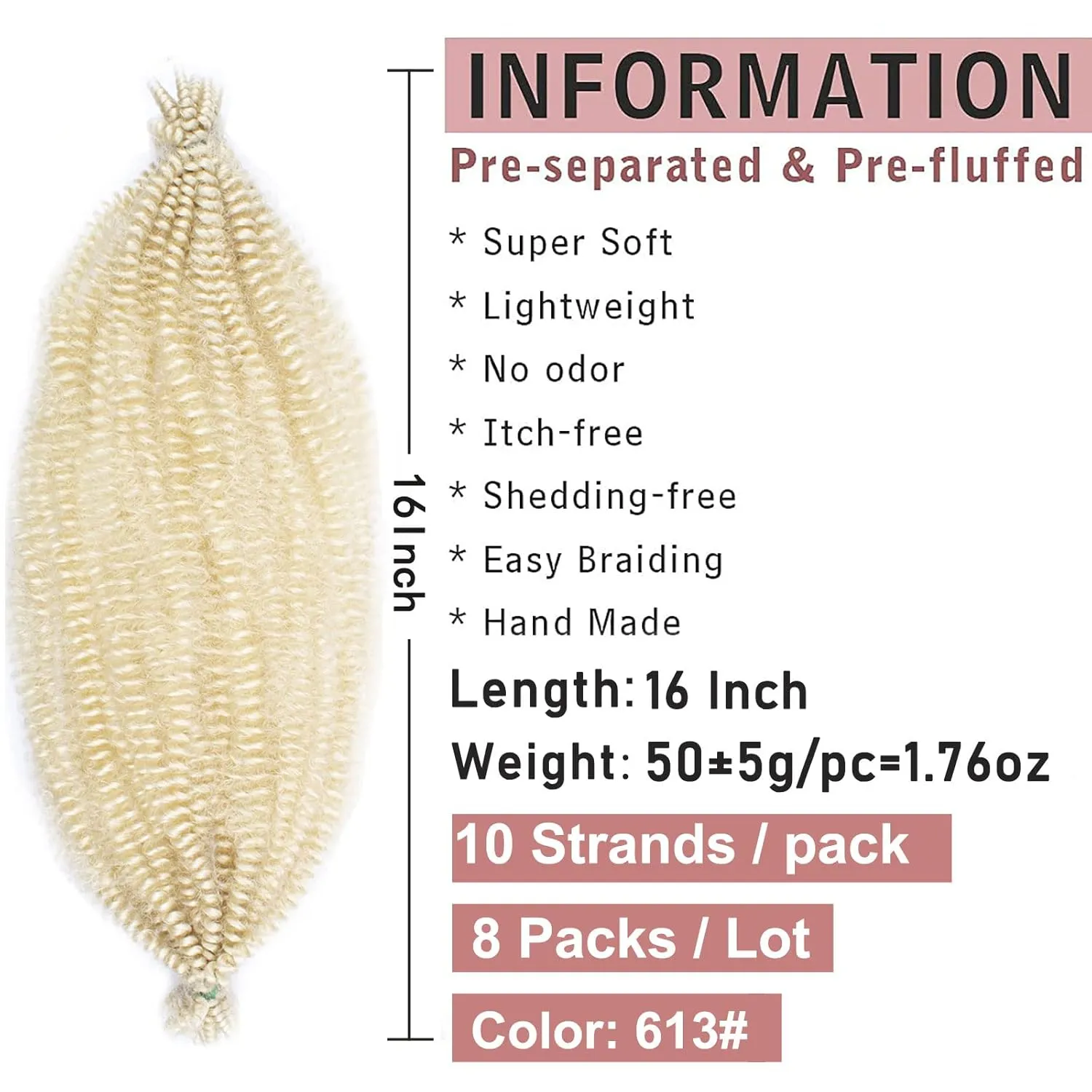 8 Packs Blond Springy Afro Twist Hair 16 Inch Pre-Separated Spring Twist Crochet Braids Hair For Soft Faux Locs Synthetic Marley Twist Braiding Hair Extension For Women (8 Strands/Pack,613#)