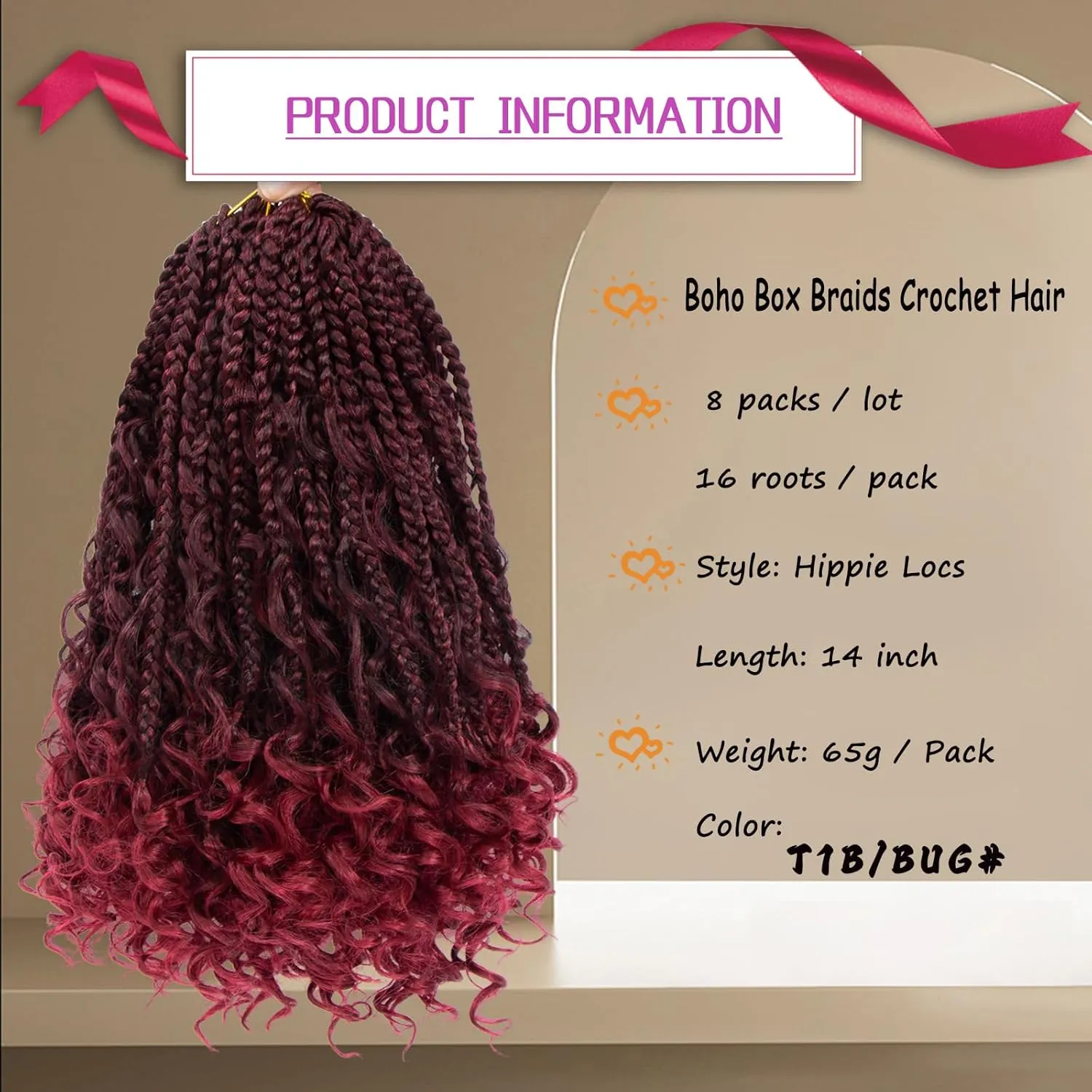 8 Packs Crochet Box Braids with Curly End 14inch Goddess Box Braids Crochet Hair Protective Hairstyle 3X Bohemian Hippie Style for Black Women(#1B/BUG)