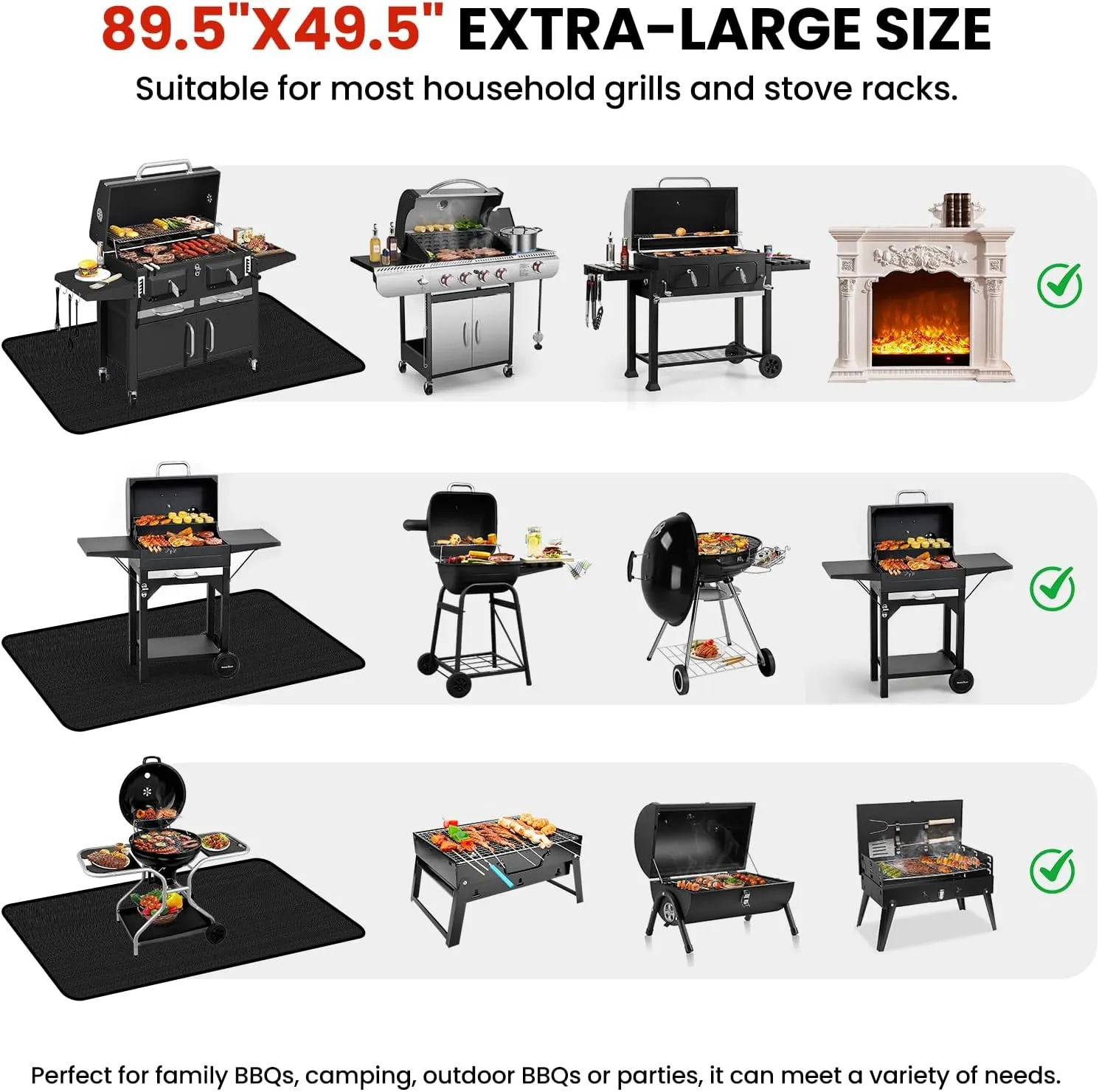89.5 x 49.5 Inch Large Under Grill Mats for Outdoor Grill, Double-Sided Fireproof Oil-Proof BBQ Mat, Protector Mat for Deck, Patio and Lawn