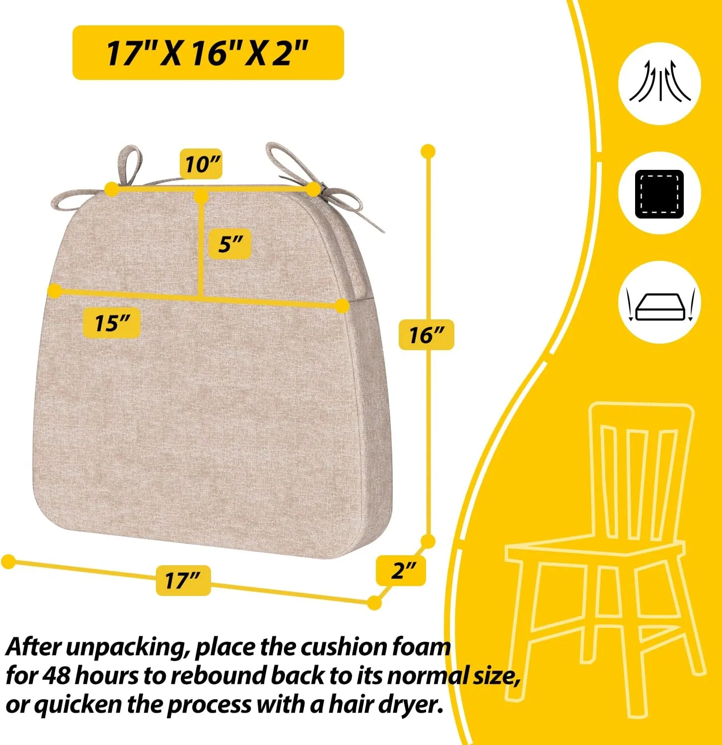 AAAAAcessories D-Shaped Chair Cushions, 2" Thick Dining Chair Pads with Ties and Removable, Machine-Washable Cover, 17" x 16", Set of 4, Beige