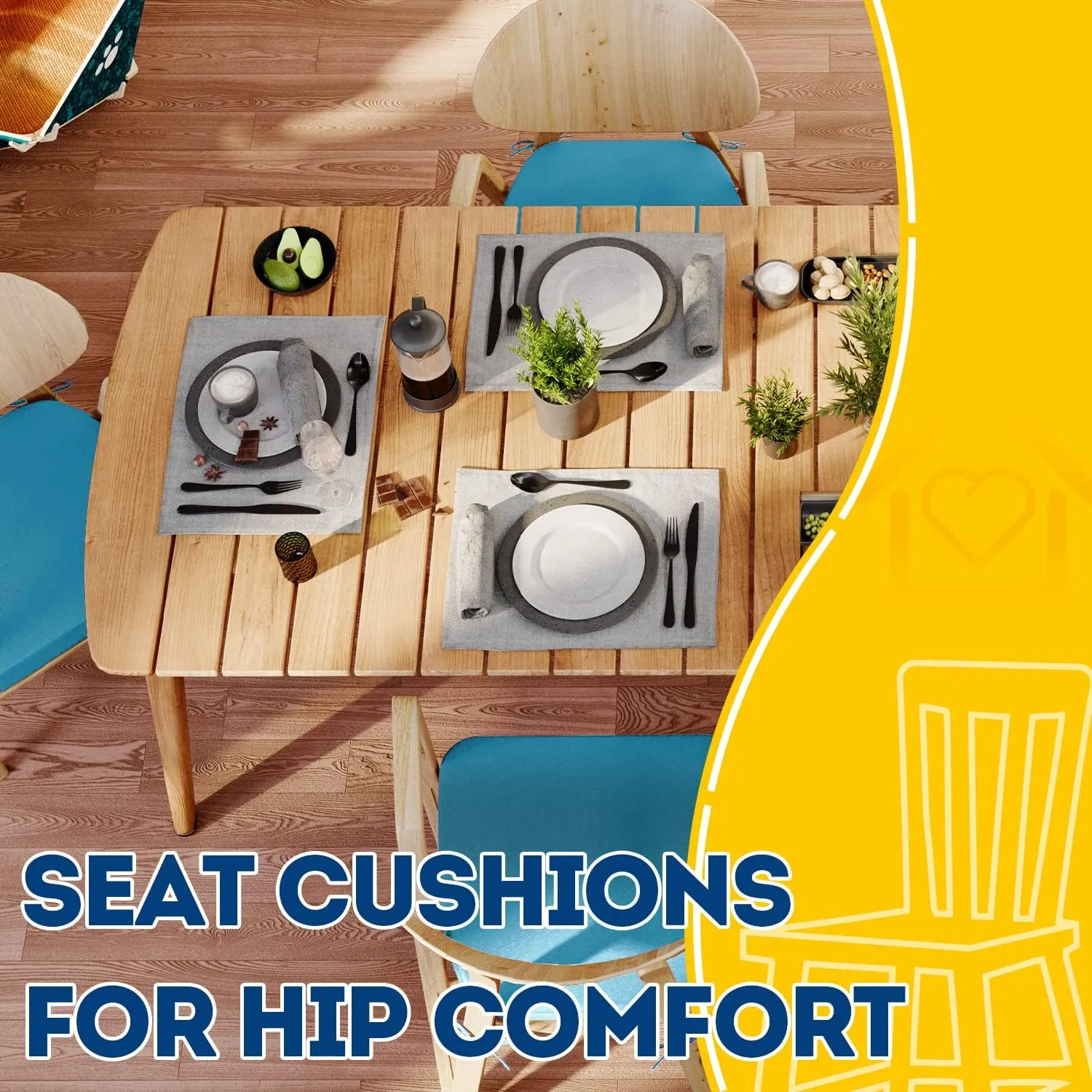 AAAAAcessories D-Shaped Chair Cushions, 2" Thick Dining Chair Pads with Ties and Removable, Machine-Washable Cover, 17" x 16", Set of 4, Teal