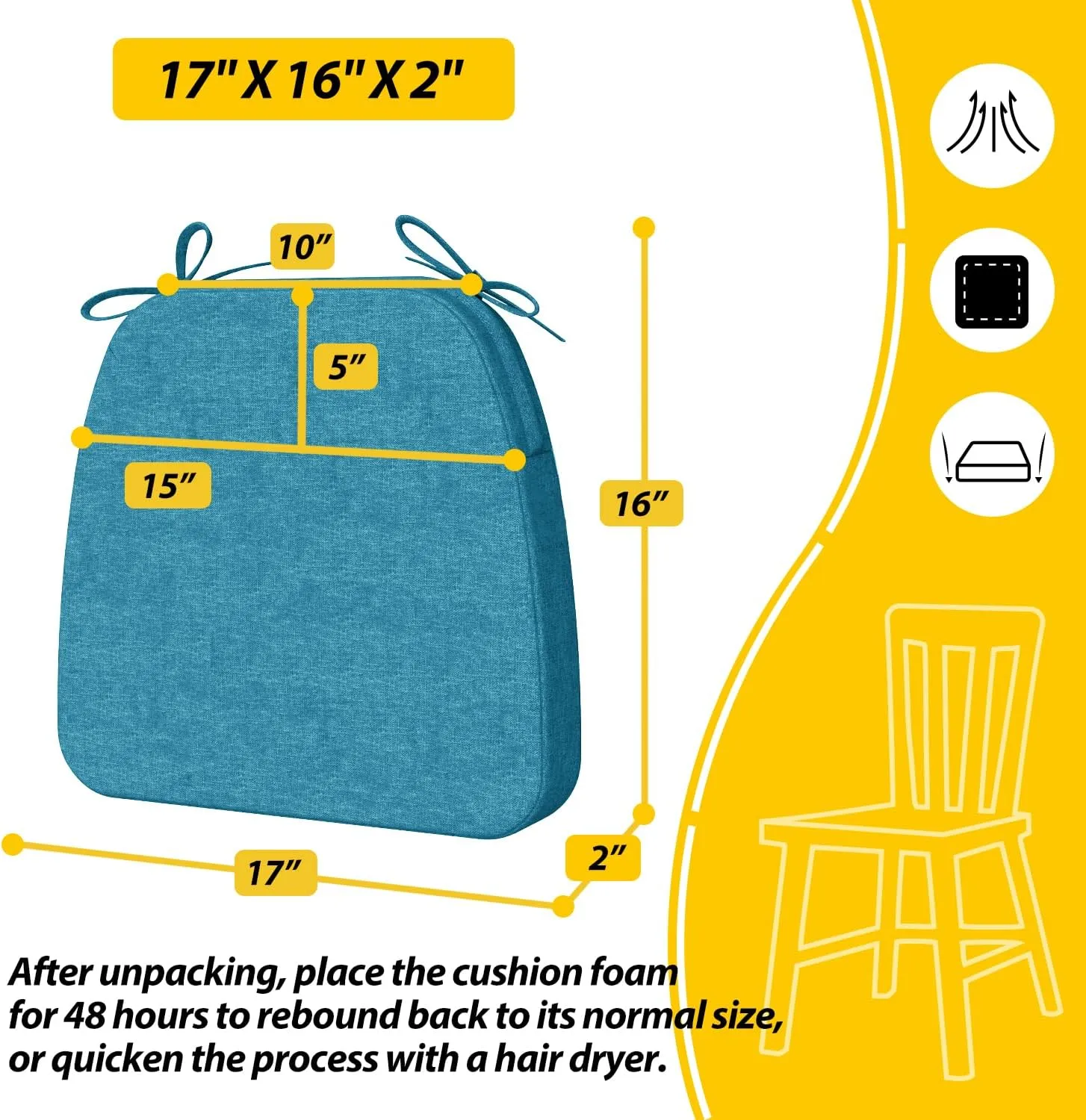 AAAAAcessories D-Shaped Chair Cushions, 2" Thick Dining Chair Pads with Ties and Removable, Machine-Washable Cover, 17" x 16", Set of 4, Teal