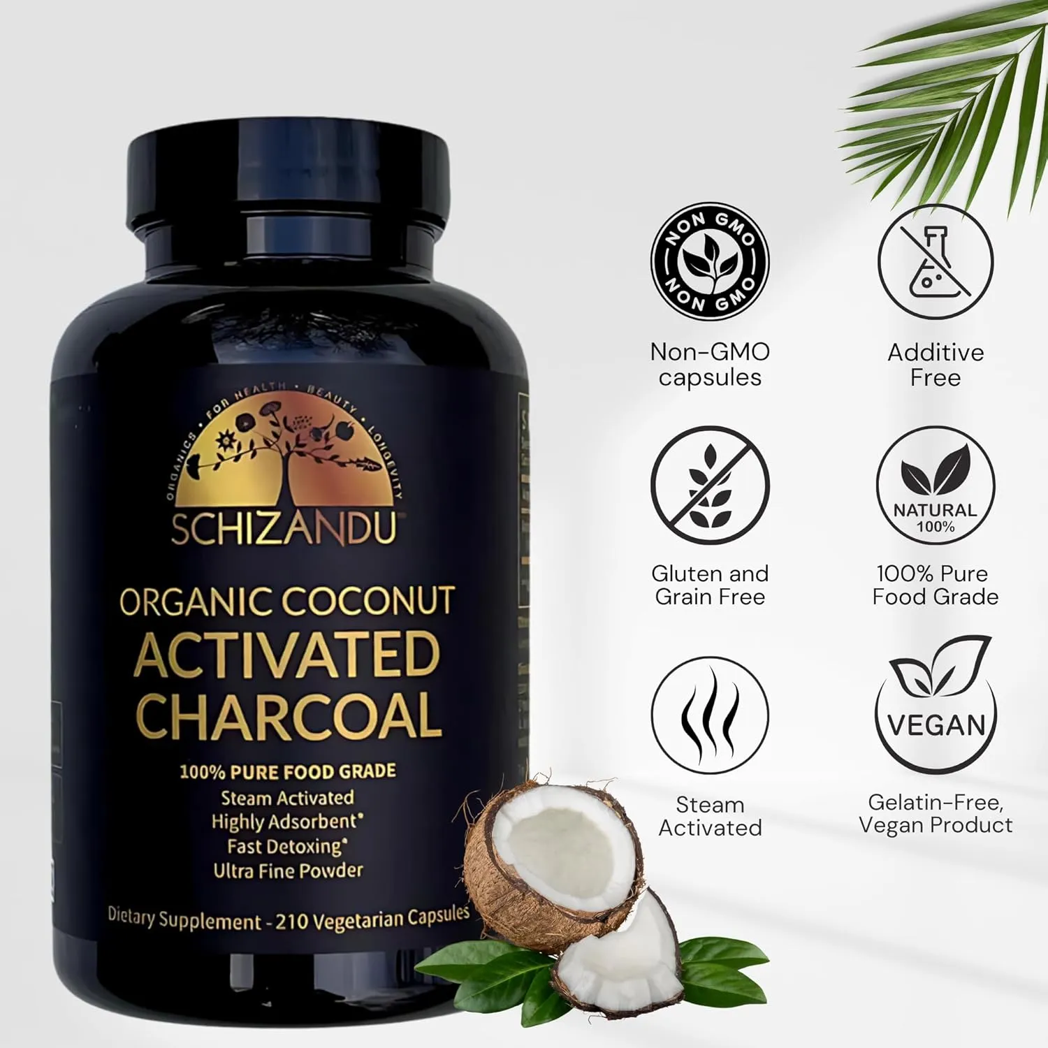 Activated Coconut Charcoal Capsules- Supports Health - Vegan, Organic, Non-GMO, No Additives - X-Large Bottle 210 Count