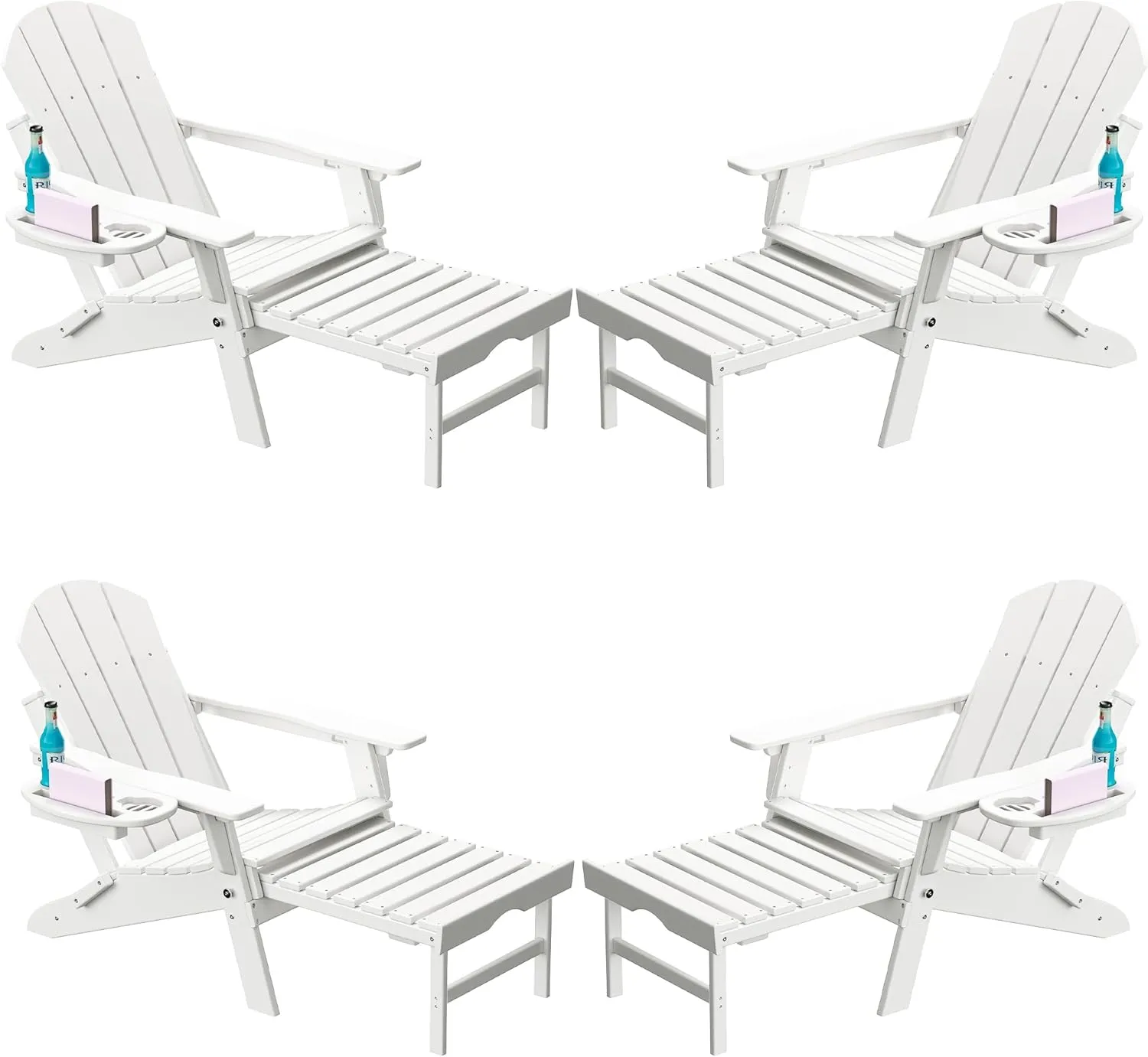 Adjustable Adirondack Chair with Retractable Ottoman Set of 4, HDPE Folding Adirondack Chair with Cup Holder, All Weather Fire Pit Chair for Outdoor.