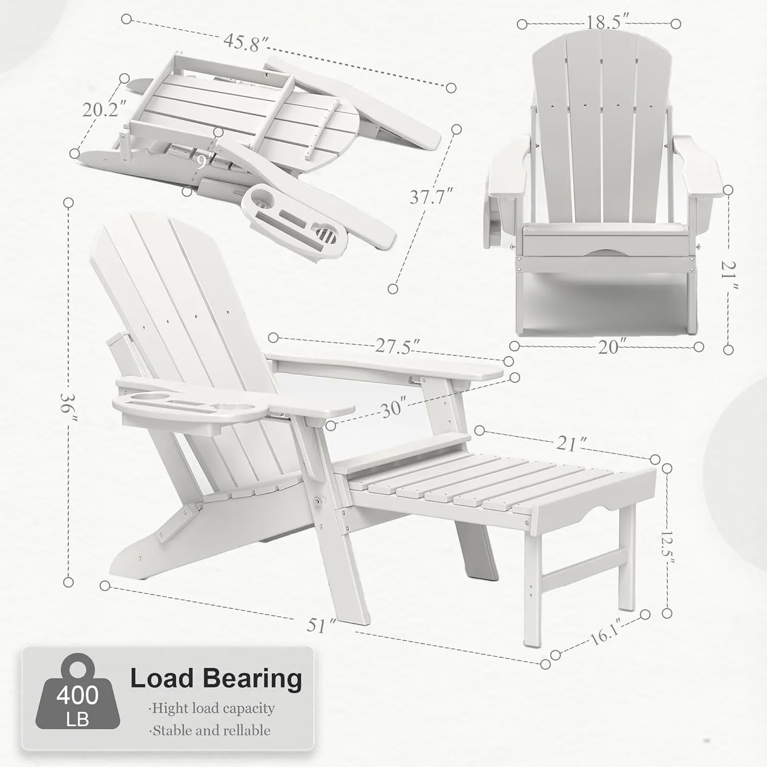 Adjustable Adirondack Chair with Retractable Ottoman Set of 4, HDPE Folding Adirondack Chair with Cup Holder, All Weather Fire Pit Chair for Outdoor.