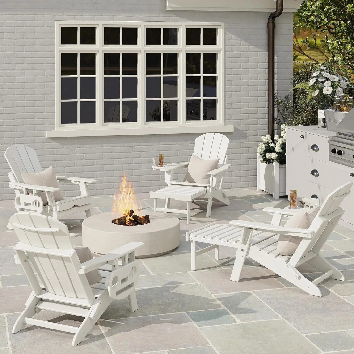 Adjustable Adirondack Chair with Retractable Ottoman Set of 4, HDPE Folding Adirondack Chair with Cup Holder, All Weather Fire Pit Chair for Outdoor.