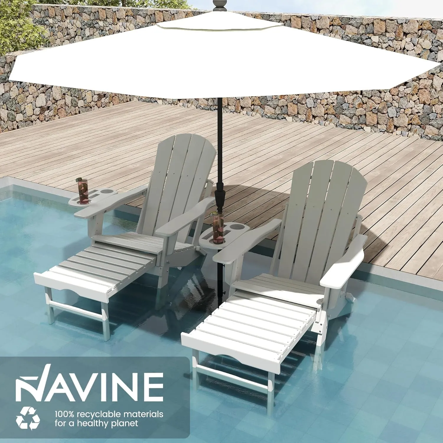 Adjustable Adirondack Chair with Retractable Ottoman Set of 4, HDPE Folding Adirondack Chair with Cup Holder, All Weather Fire Pit Chair for Outdoor.