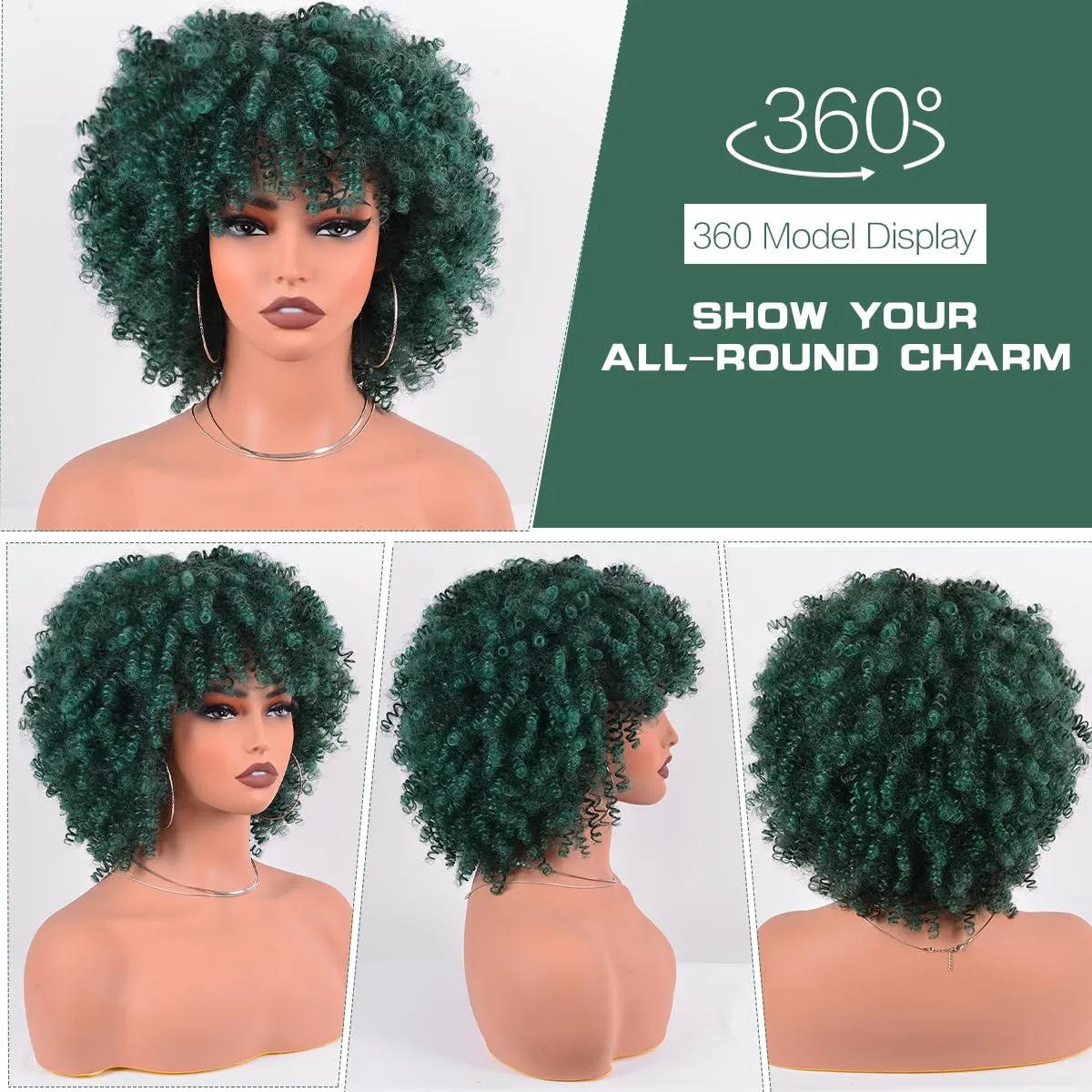 Afro Curly Green Wigs for Black Women 10 Inches 230g/Piece Heat Resistant Machine Made Synthetic Short Kinky Curly Hair Wig with Bangs for 70s Party Cosplay (Dark Green)