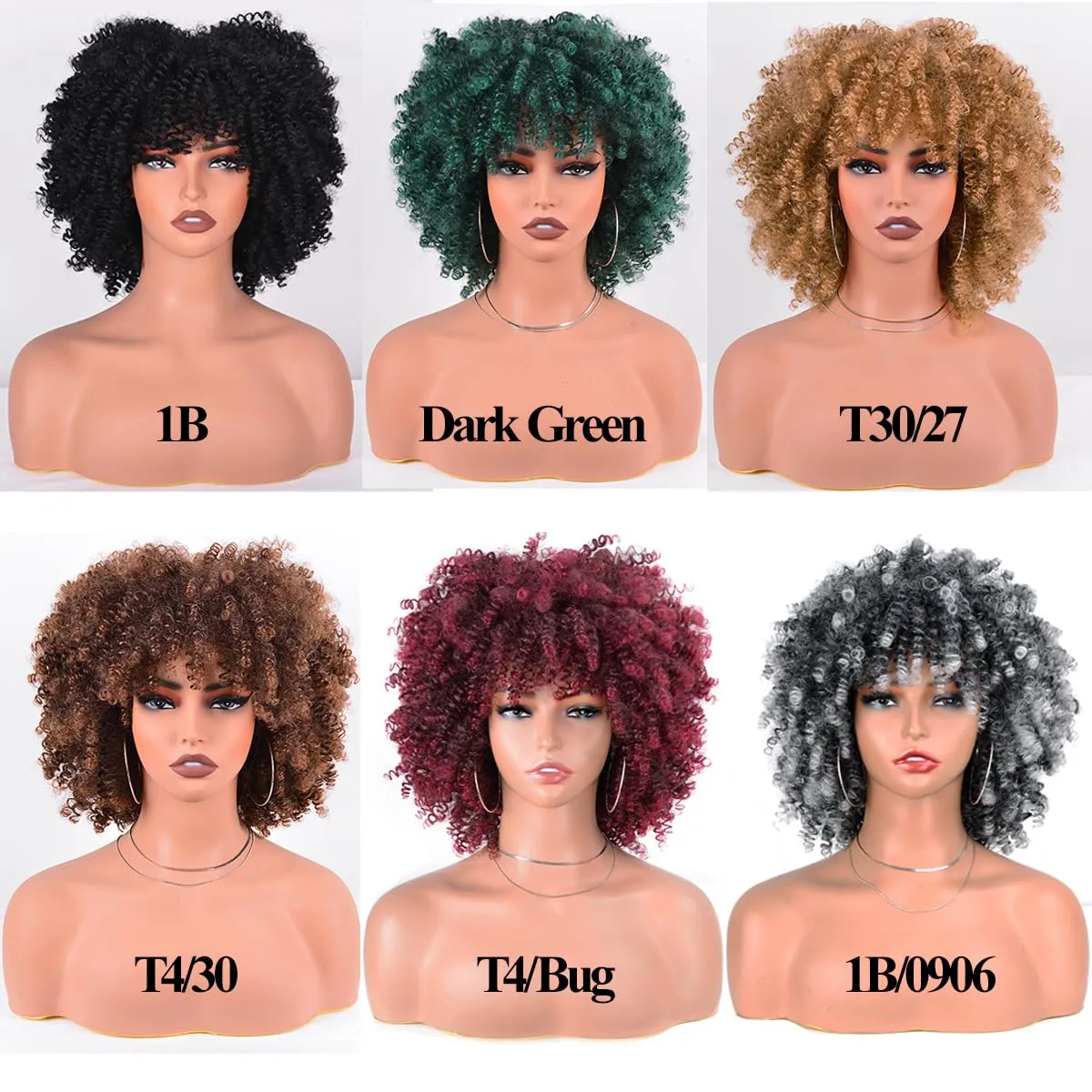 Afro Curly Green Wigs for Black Women 10 Inches 230g/Piece Heat Resistant Machine Made Synthetic Short Kinky Curly Hair Wig with Bangs for 70s Party Cosplay (Dark Green)