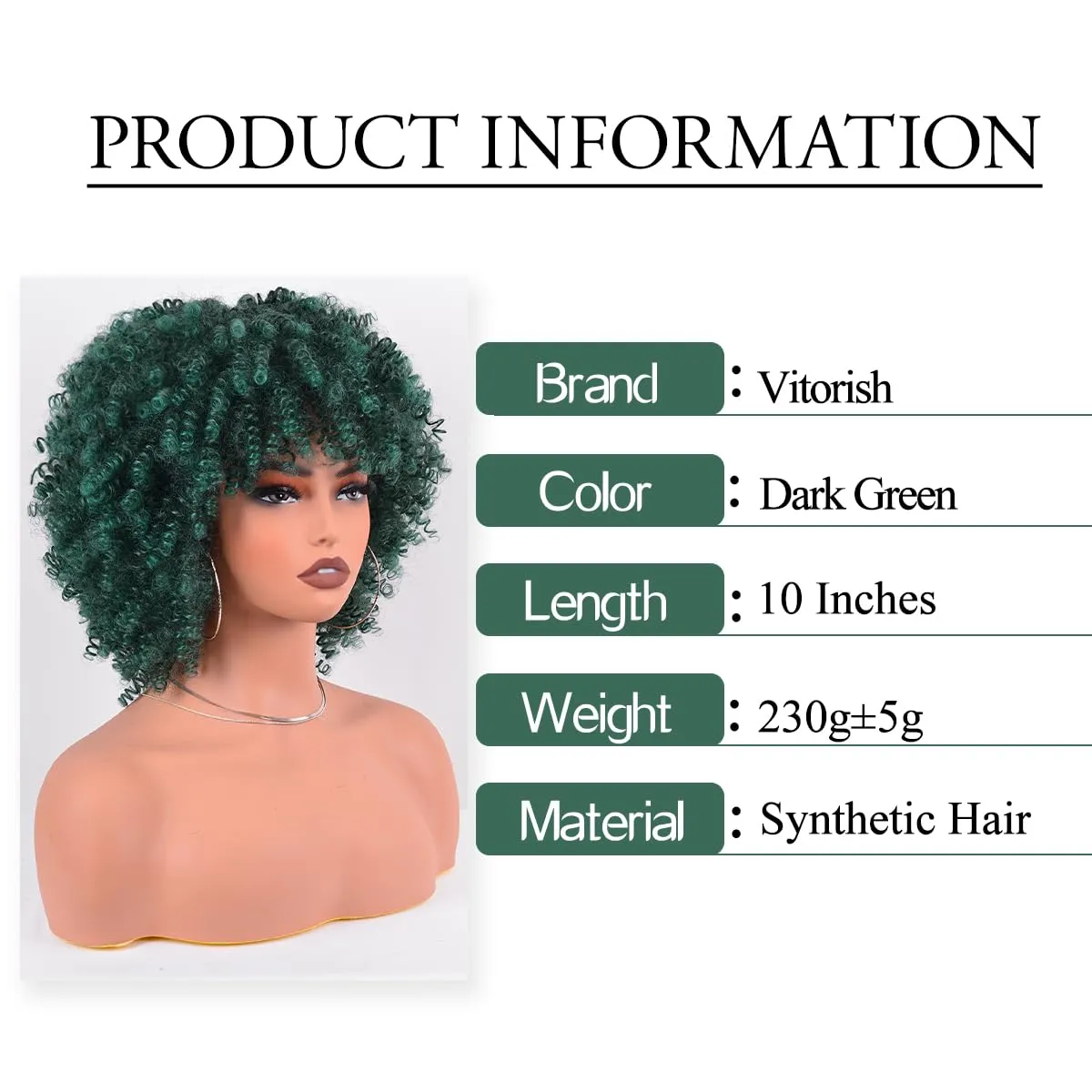 Afro Curly Green Wigs for Black Women 10 Inches 230g/Piece Heat Resistant Machine Made Synthetic Short Kinky Curly Hair Wig with Bangs for 70s Party Cosplay (Dark Green)
