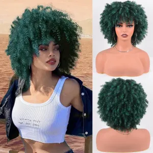 Afro Curly Green Wigs for Black Women 10 Inches 230g/Piece Heat Resistant Machine Made Synthetic Short Kinky Curly Hair Wig with Bangs for 70s Party Cosplay (Dark Green)
