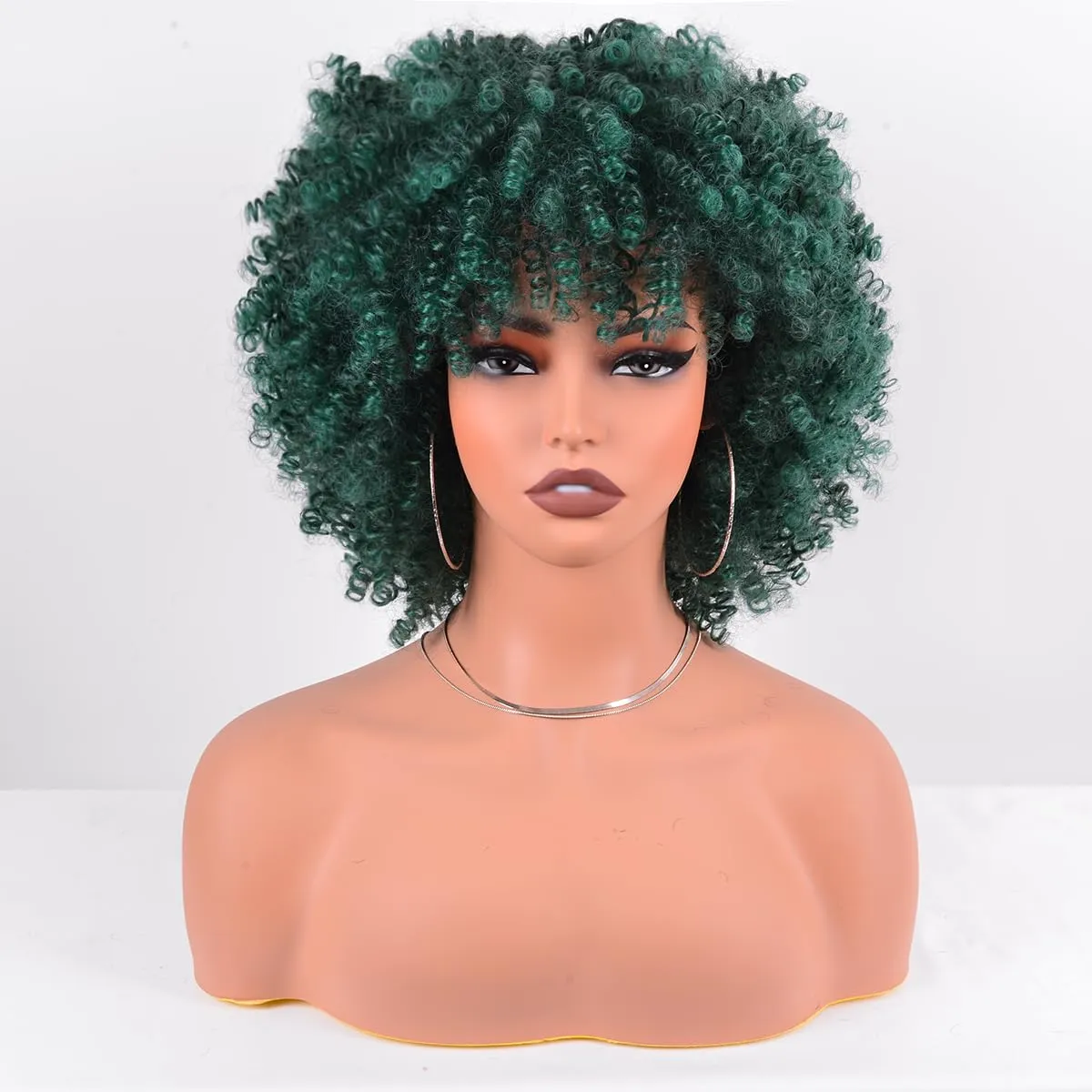 Afro Curly Green Wigs for Black Women 10 Inches 230g/Piece Heat Resistant Machine Made Synthetic Short Kinky Curly Hair Wig with Bangs for 70s Party Cosplay (Dark Green)