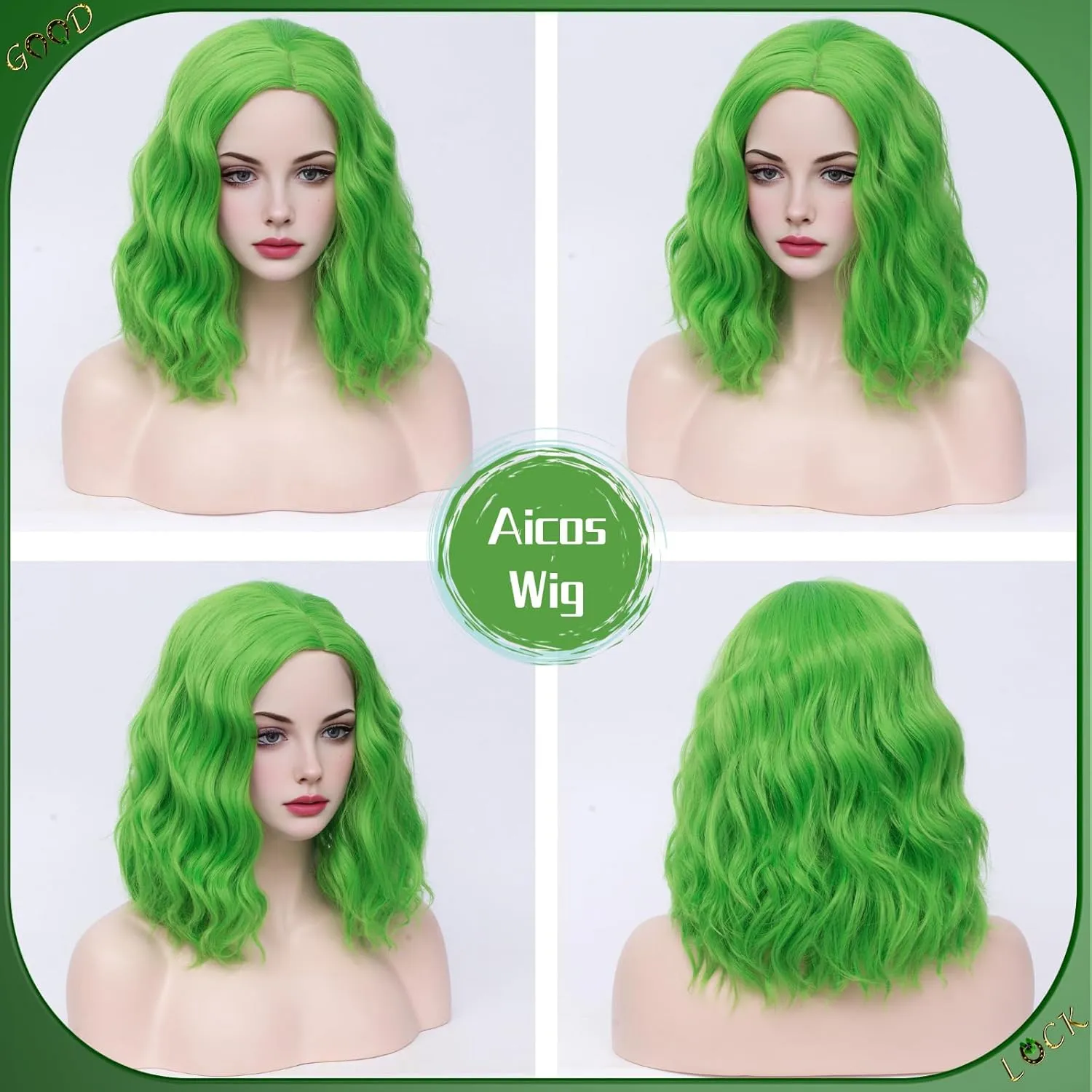 Aicos Green Curly Wigs for Women Short Green Bob Wig for Daily Dress Carnival Party Masquerade Party Halloween
