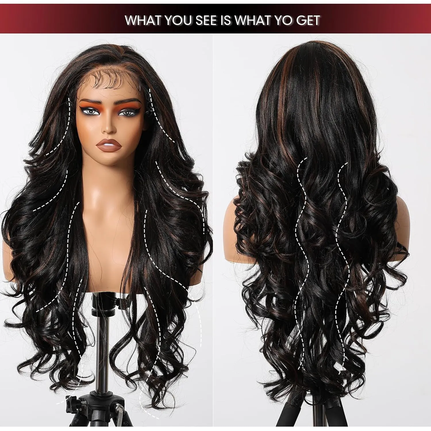 Allbell 13x6 Lace Front Wigs Brown Highlight Black Wig 26Inch Long Body Wave Brunette Synthetic Lace Wig for Women,Wig with Pre Plucked Natrural Hairline and Baby Hair for Daily Party Use