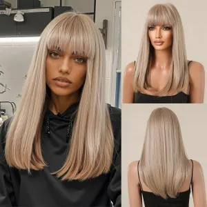 Allbell Blonde Wigs for Women Straight Synthetic Wig with Bangs Heat Resistant Natural Looking Wigs for Daily Party Use 20inch