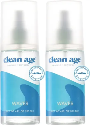 Aluminum Free Deodorant & Body Spray for Whole Body - Waves 4oz (2 Pack) Clean Deodorant and Body Spray for Teen Boys and Girls - With AHA For Body Acne - Body Spray for Teens Formula