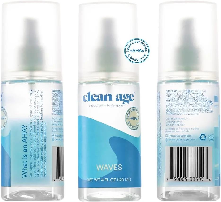 Aluminum Free Deodorant & Body Spray for Whole Body - Waves 4oz (2 Pack) Clean Deodorant and Body Spray for Teen Boys and Girls - With AHA For Body Acne - Body Spray for Teens Formula