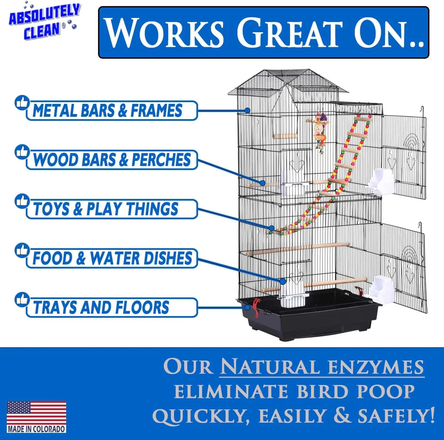 Amazing Bird Cage Cleaner and Deodorizer - Just Spray/Wipe - Safely & Easily Removes Bird Messes Quickly and Easily - Made in The US (32oz Spray Bottle)