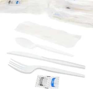 AmerCareRoyal Case of 250 6-in-1 Disposable Silverware Medium Heavy Weight Plastic Utensil Set with Teaspoon, Fork, Knife, Salt & Pepper, 12x13 Napkin - Individually Wrapped Cutlery Meal Kit, White