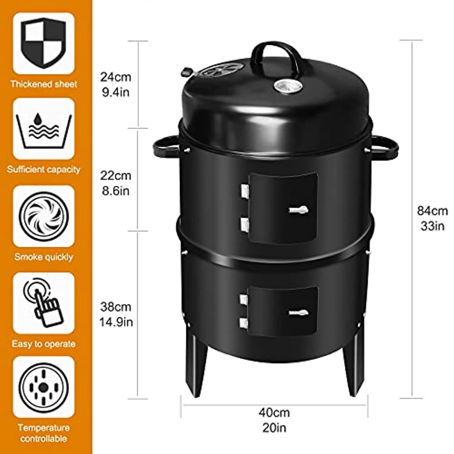 American BBQ Grill Charcoal Grill, 3 in 1 Smoker Grill, Multi-Function Garden Charcoal Barbecue Grill with Thermometer, Large Capacity Grills for Outdoor Cooking Parties, Picnic