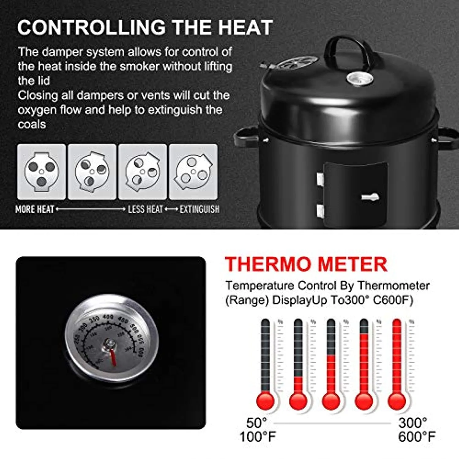 American BBQ Grill Charcoal Grill, 3 in 1 Smoker Grill, Multi-Function Garden Charcoal Barbecue Grill with Thermometer, Large Capacity Grills for Outdoor Cooking Parties, Picnic