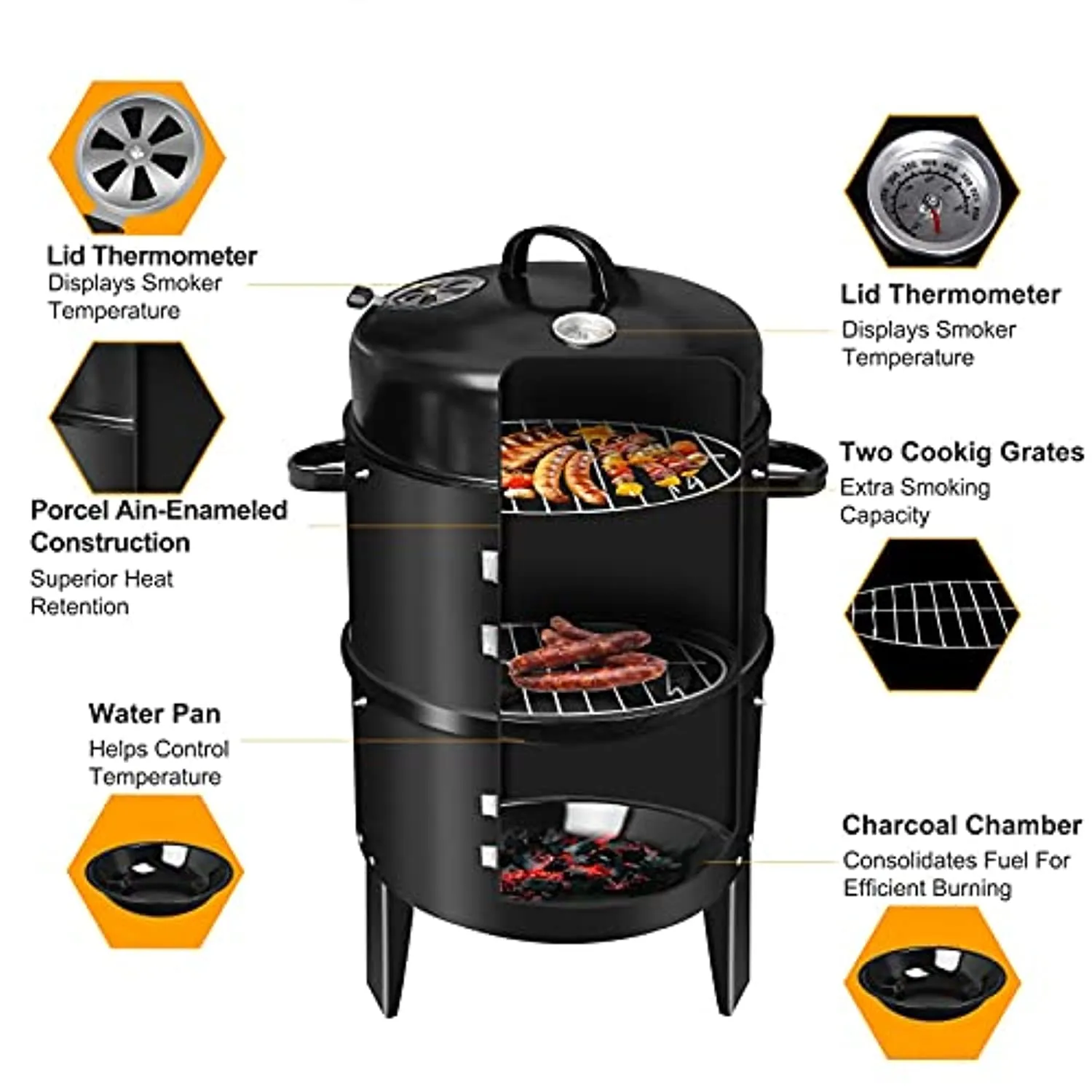 American BBQ Grill Charcoal Grill, 3 in 1 Smoker Grill, Multi-Function Garden Charcoal Barbecue Grill with Thermometer, Large Capacity Grills for Outdoor Cooking Parties, Picnic