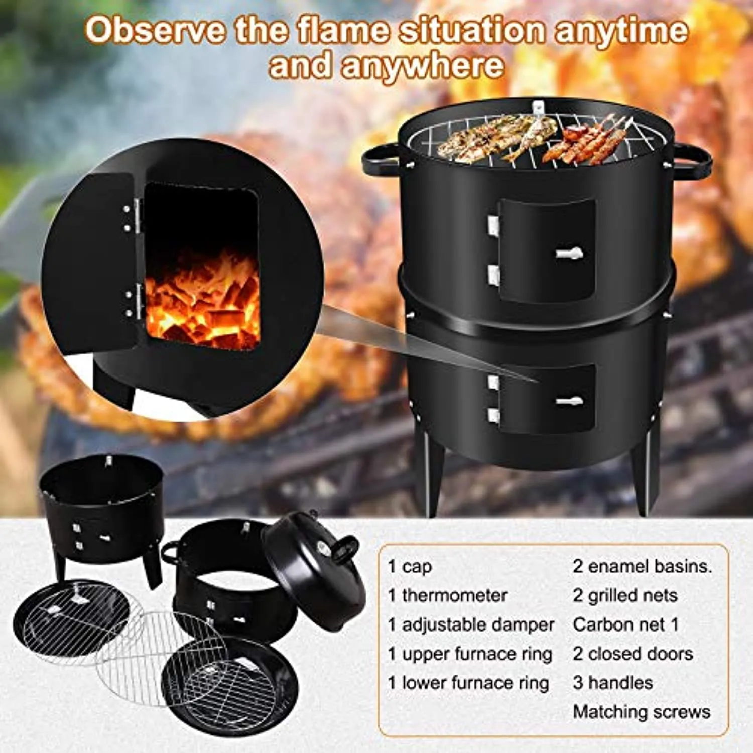 American BBQ Grill Charcoal Grill, 3 in 1 Smoker Grill, Multi-Function Garden Charcoal Barbecue Grill with Thermometer, Large Capacity Grills for Outdoor Cooking Parties, Picnic