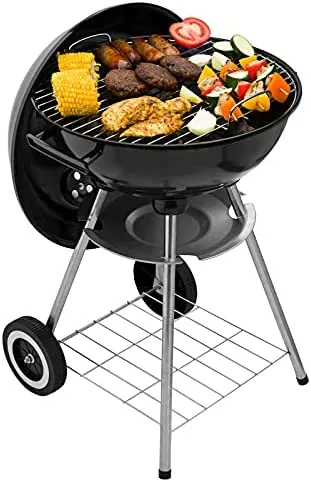 American BBQ Grill Porcelain Enamel Fire Bowl & Lid - Iron Charcoal Cooker for Outdoor Grilling, Camping, Beach Trips, Barbecues - Portable Coal Smoker for Meat, Steak - Medium, 48x44x72cm