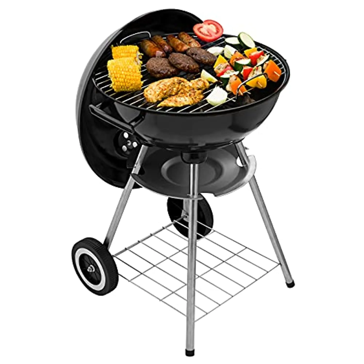American BBQ Grill Porcelain Enamel Fire Bowl & Lid - Iron Charcoal Cooker for Outdoor Grilling, Camping, Beach Trips, Barbecues - Portable Coal Smoker for Meat, Steak - Medium, 48x44x72cm