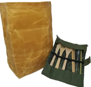 American made ECO/EGO all in one Canvas Lunch Bag Set. 1 heavy duty waterproof waxed canvas lunch bag/ 1 bamboo cutlery set with travel pouch