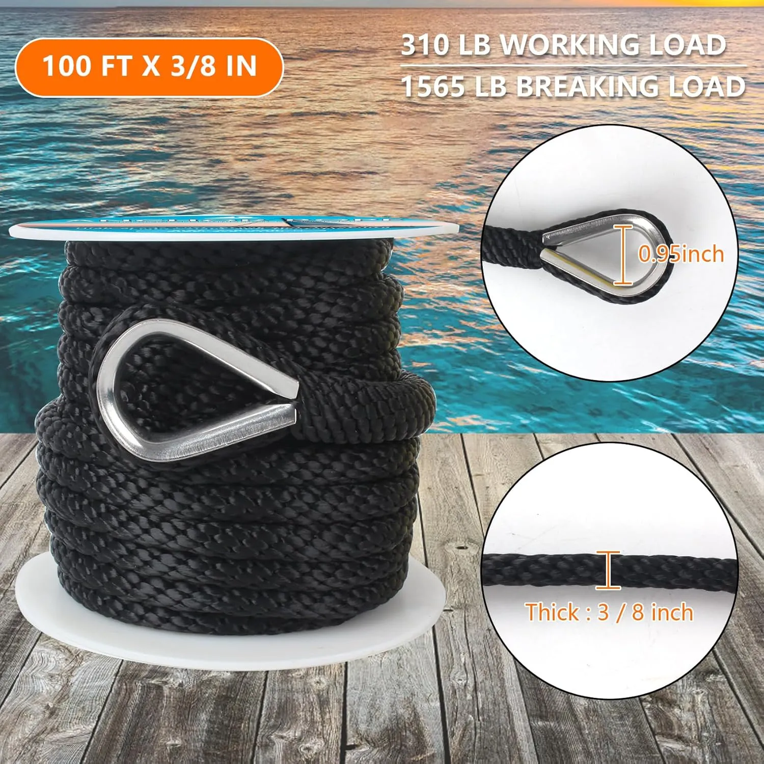Anchor Rope 3/8 inch x100 ft, Premium Solid Braid MFP Anchor Line, Boat Anchor Rope with 316 Stainless Steel Thimble & Shackle, Black