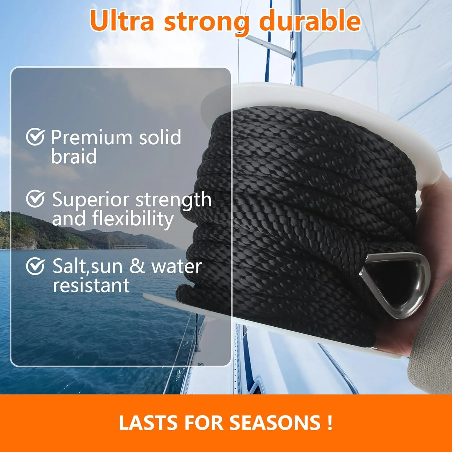 Anchor Rope 3/8 inch x100 ft, Premium Solid Braid MFP Anchor Line, Boat Anchor Rope with 316 Stainless Steel Thimble & Shackle, Black