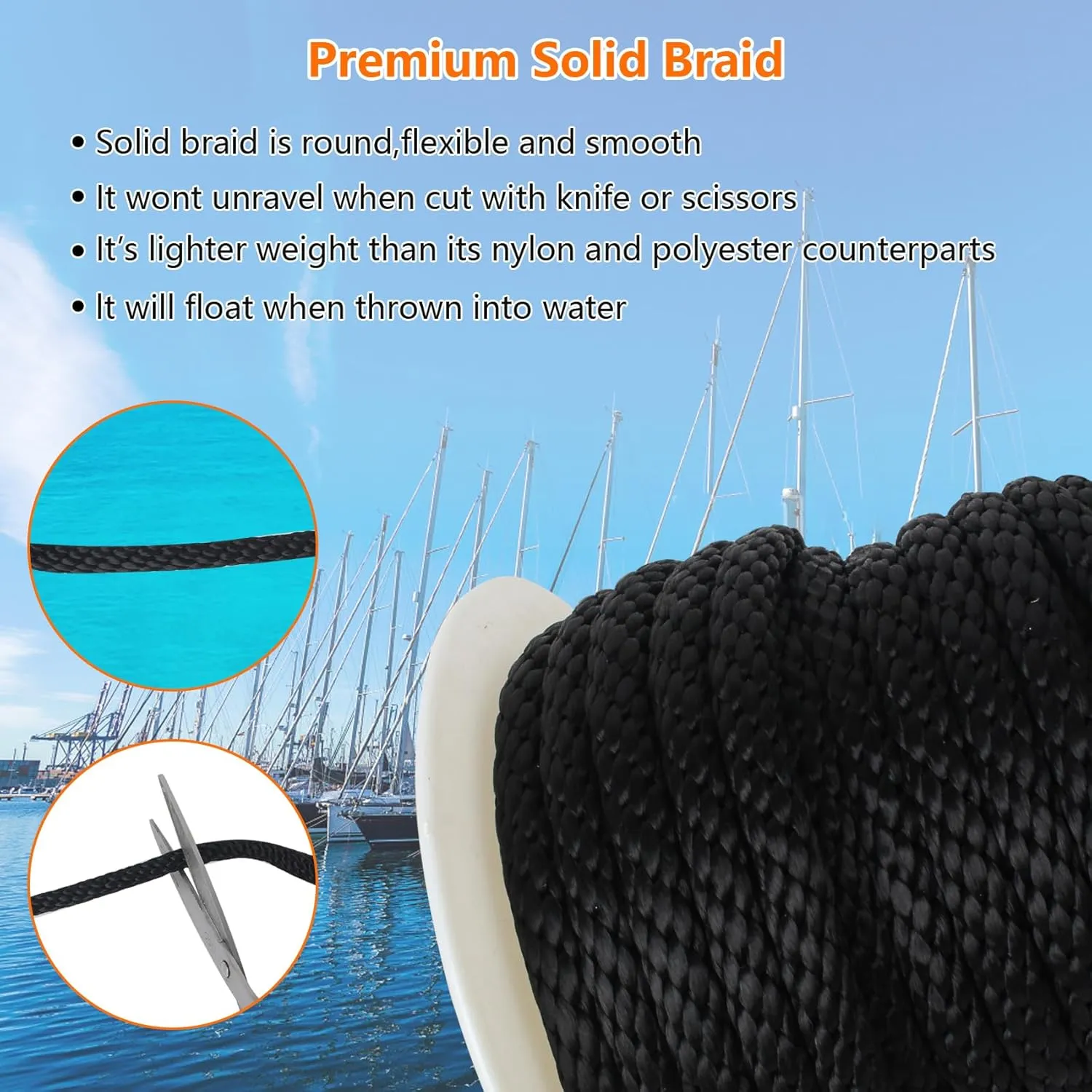 Anchor Rope 3/8 inch x100 ft, Premium Solid Braid MFP Anchor Line, Boat Anchor Rope with 316 Stainless Steel Thimble & Shackle, Black