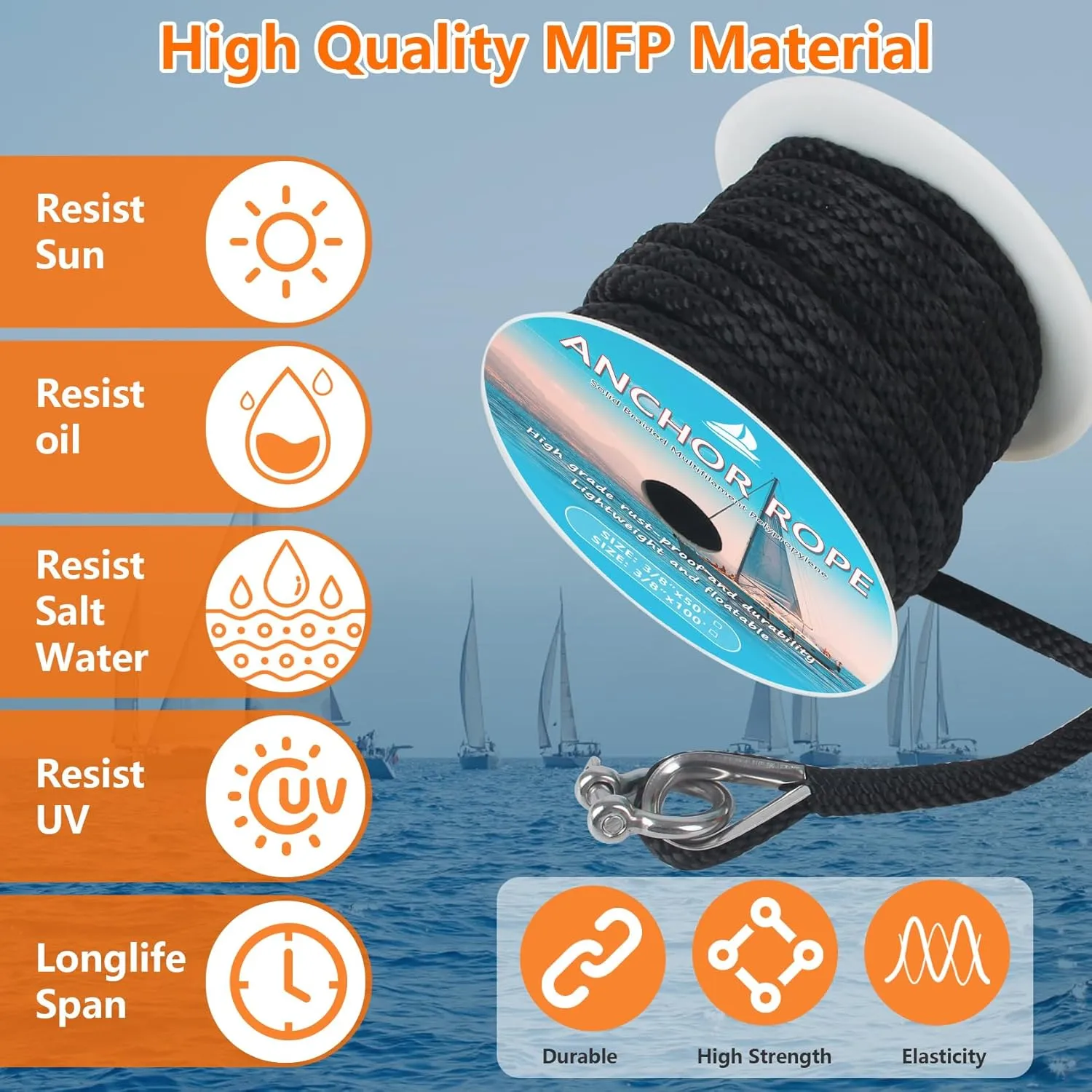 Anchor Rope 3/8 inch x100 ft, Premium Solid Braid MFP Anchor Line, Boat Anchor Rope with 316 Stainless Steel Thimble & Shackle, Black