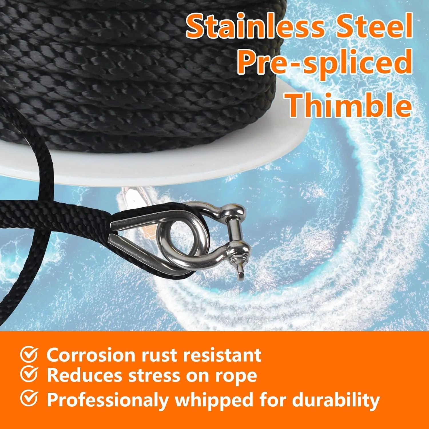 Anchor Rope 3/8 inch x100 ft, Premium Solid Braid MFP Anchor Line, Boat Anchor Rope with 316 Stainless Steel Thimble & Shackle, Black
