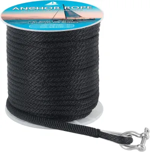 Anchor Rope 3/8 inch x100 ft, Premium Solid Braid MFP Anchor Line, Boat Anchor Rope with 316 Stainless Steel Thimble & Shackle, Black