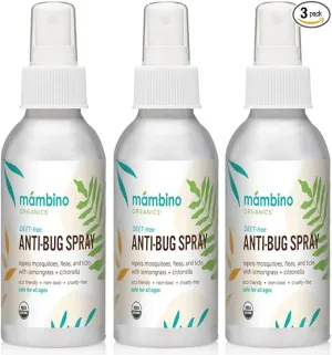Anti-Bug Spray DEET-Free – Organic, All-Natural Bug Spray Travel Size Made with Nourishing Essential Oils – Bug Repellent for Babies, Kids, Adults, Camping, & More by Mambino Organics, 3-Pack, 2.7 Oz.
