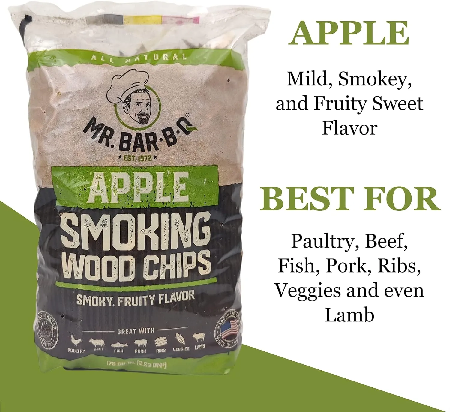Apple Wood Smoker Chips, Wood Chips for Smokers, Alternative for Charcoal Briquettes Can be Use on Gas, Charcoal Grills, 100% Natural Apple Flavor for Grilling, BBQ, Camping by Mr. Bar-B-Q(1.6 Lb Bag)