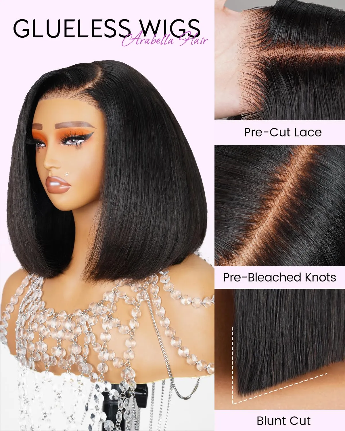 Arabella 200% Density 6X5 Bob Wig Human Hair Ready to Go Glueless Wig Human Hair Pre plucked Pre Cut 12A Real Pre Plucked Bleached Knots Lace Front Bob Wig 12Inch