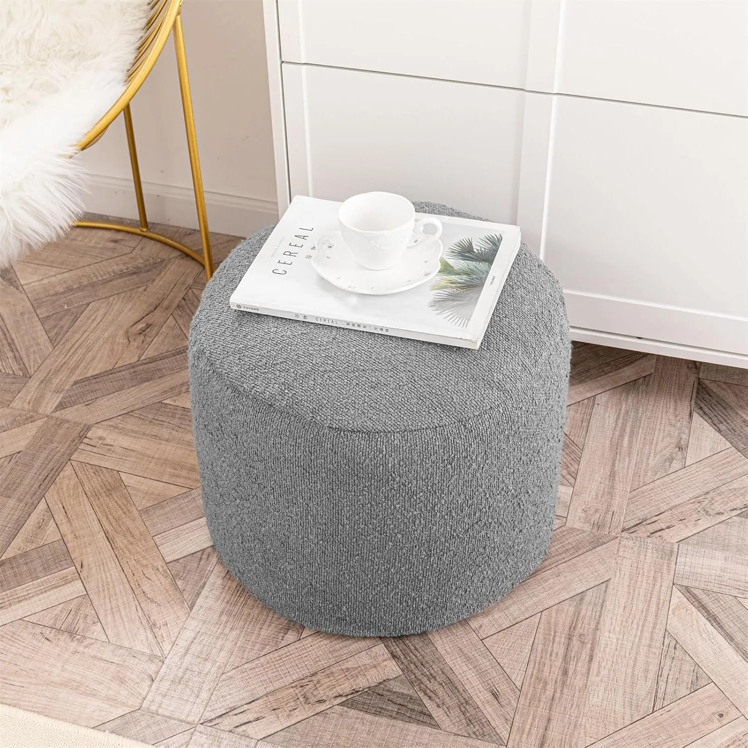Asuprui Supportive Boucle Ottoman Foot Rest Elevate Your Living Room Decor with Lightweight Pouf Ottoman Filler and Comfort Cover Modern Foam Stuffed Poof Perfect to Rest Your Feet (Dark Gray)