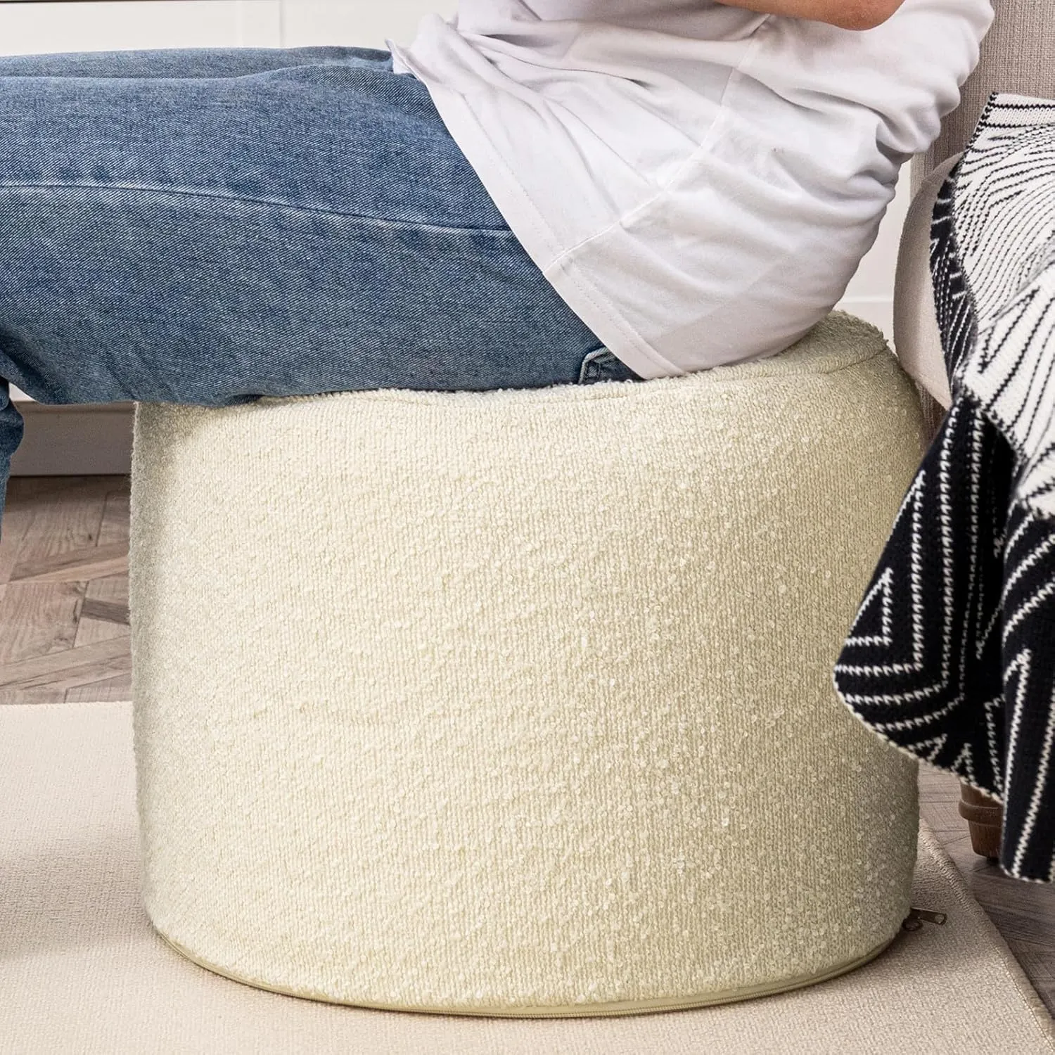 Asuprui Supportive Boucle Ottoman Foot Rest Elevate Your Living Room Decor with Lightweight Pouf Ottoman Filler and Comfort Cover Modern Foam Stuffed Poof Perfect to Rest Your Feet (Ivory)