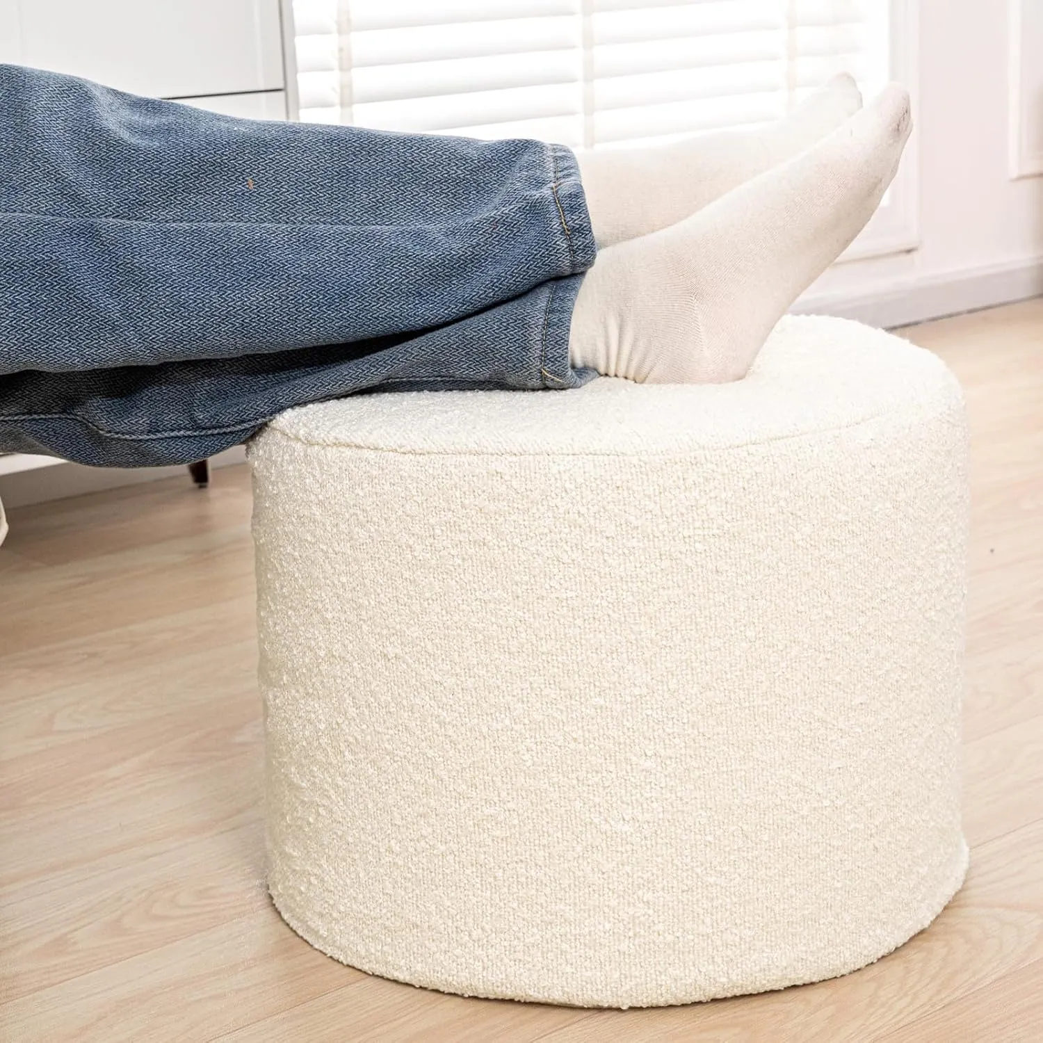 Asuprui Supportive Boucle Ottoman Foot Rest Elevate Your Living Room Decor with Lightweight Pouf Ottoman Filler and Comfort Cover Modern Foam Stuffed Poof Perfect to Rest Your Feet (Ivory)