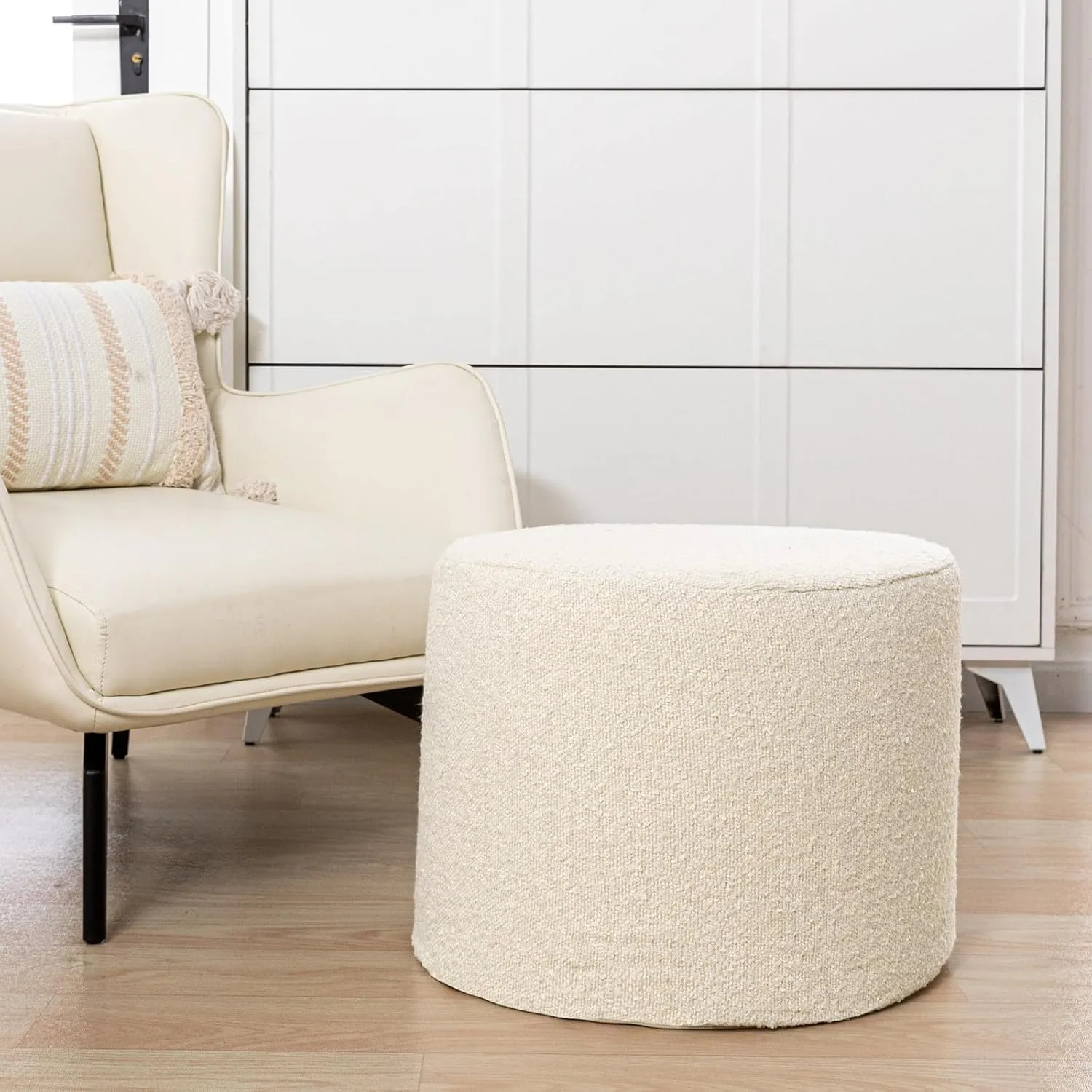Asuprui Supportive Boucle Ottoman Foot Rest Elevate Your Living Room Decor with Lightweight Pouf Ottoman Filler and Comfort Cover Modern Foam Stuffed Poof Perfect to Rest Your Feet (Ivory)