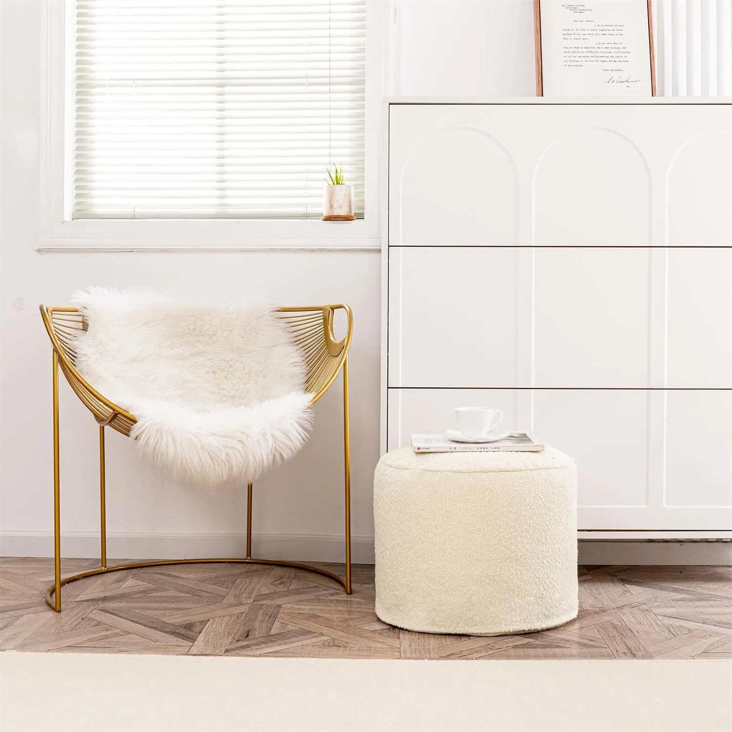 Asuprui Supportive Boucle Ottoman Foot Rest Elevate Your Living Room Decor with Lightweight Pouf Ottoman Filler and Comfort Cover Modern Foam Stuffed Poof Perfect to Rest Your Feet (Ivory)