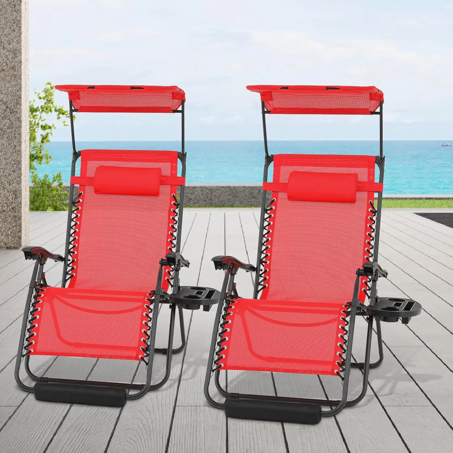 Athena Collection Zero Gravity Outdoor Lounge Chair Set of 2 with Canopy Shade, 29" Width Pool Lounge Lawn Chairs Reclining with Cup Holder Foot Pad, Outdoor Chaise for Beach Patio Outside, Red